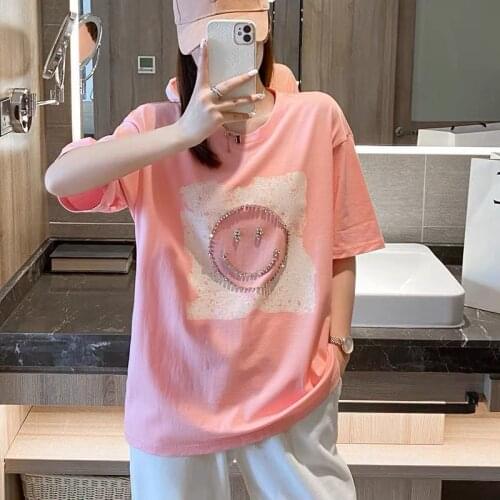 New Diamond-encrusted Temperament All-match Smiling Face Pink Short-sleeved T-shirt Womens Mid-length Loose Top Womens Summer