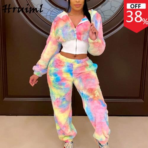 Women Tracksuit 2 Piece Set Winter Tie Dye Casual Lounge Wear Clothes Hooded Zipper Crop Tops Sets Fashion Conjuntos De Mujer