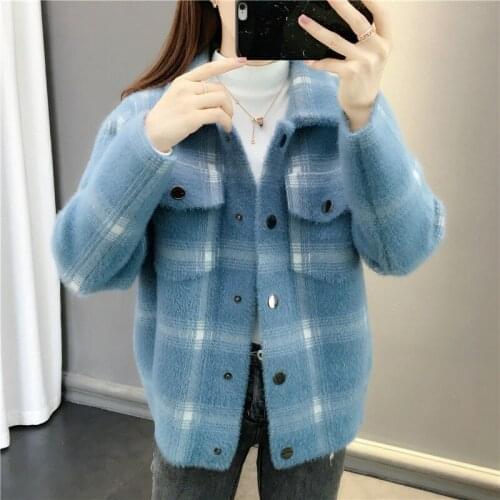 2020 Leisure Knit cardigan sweater lattice short coat Female Autumn clothes Loose Imitation water jacket high quality 1284
