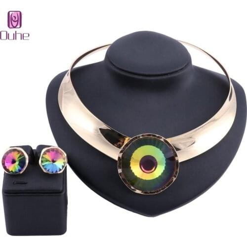 Charm Dubai Gold Color Crystal Jewelry Sets For Women Big Gem Pendant Necklace Earrings Party Dress Accessories