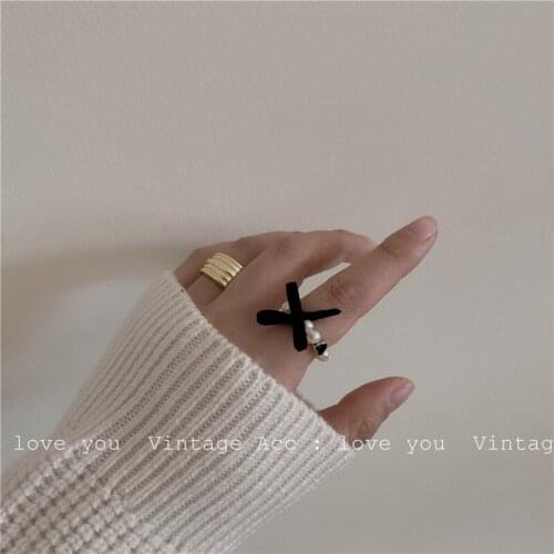 Pearl Ring Black Velvet Bowknot Round Beaded Heart Imitation Pearls Elegant Stackable Rings for Women Trendy Jewelry