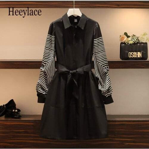 Plus Size Office Ladies Elegant Striped Full Sleeve Patchwork High Waist A-line Dreses For Women Korean Casual Midi Vestidos 3XL