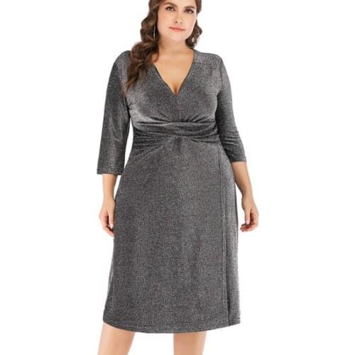 Woman Plus Size Midi Dress Summer Autumn TUHAO V-neck Three Quarter Sleeve High Waist Elegant Party Dress T1816