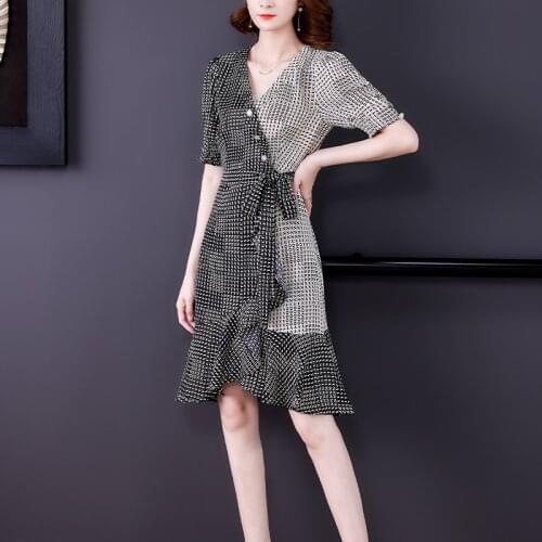 2021 Vintage Print Chiffon 4XL Plus Size Trumpet Dress Women Casual Houndstooth Midi Dress Summer Elegant Bodycon Party Vestidos