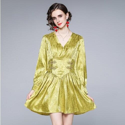 Menahem Autumn Vintage Green V-Neck Long Lantern Sleeve Women Dress Elegant Chinese Style Buckle Floral Jacquard Satin Vestidos