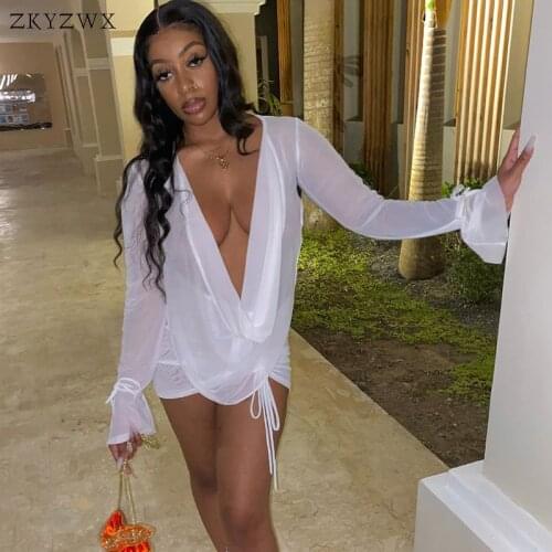ZKYZWX Sexy White Black Mesh See Through Long Sleeve Dress Suits Club Outfits for Women Rave Festival Two Piece Tops Skirt Set