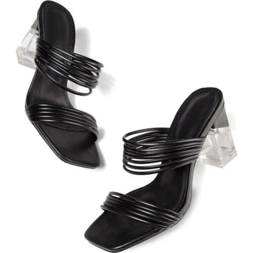 2021 New Fashion Women Mid Heel Sandals Shoes Transparent Clear Crystal Heel Sandals Plus Size Slippers Womens Shoe