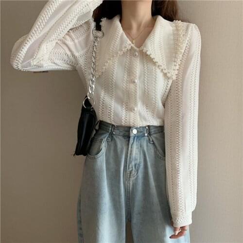 2021 Autumn Fashion Women Long Sleeves Peter Pan Collar Tops Shirts Elegant Lace Office Ladies Hollow Out Blouses