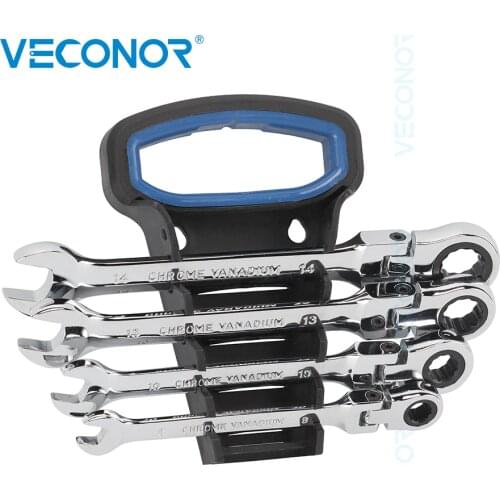 4Pcs Ratchet Key Wrench Car Ratchet Spanner Wrench Tools Set Flexible Head Dull/Full Polished Multi-tool with Rack for Repair
