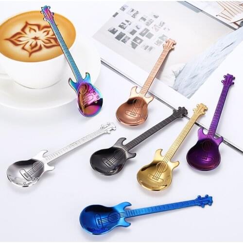 Stainless Steel Guitar Coffee Teaspoons Colorful Dessert Spoon Musical Guitar Demitasse Spoon for Mixing Dessert Ice Cream