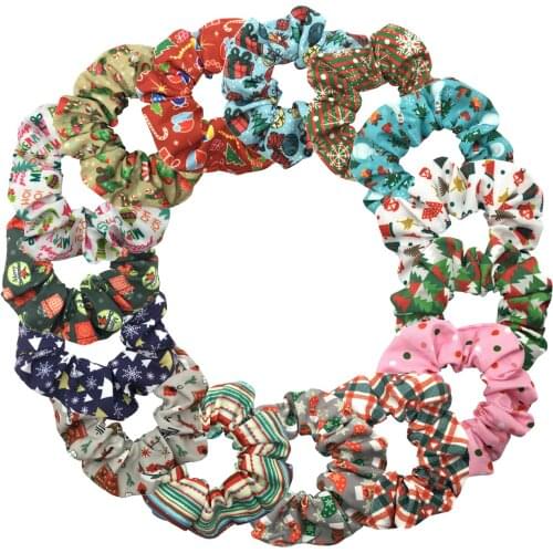5Pcs 15 Colors Christmas Printed Scrunchies New Year Tree Socks Snowflakes Printed Hair Band Bracelet Girls Hair Accessories