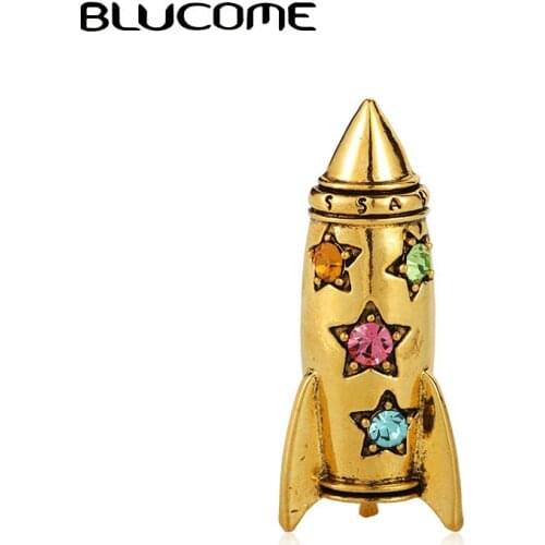 Blucome Vintage Crystal Star Rocket Shape Brooches Corsage Gold Color Harajuku Astronaut Suit Shirt Bag Decoration Collar Clip