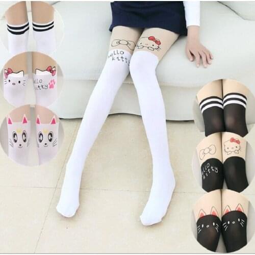 Summer Childrens Baby Kids Girls Thin Tights Pantyhose Knee Fake Tattoo Velvet Stocking white Cartoon Kitty Cat 3-8Y new