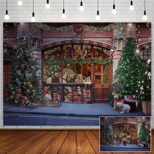Christmas Tree Backdrops Gift Shop Window Trojan Toy Bear Winter XMAS Photography Background Photo Studio Photozone Decor Props