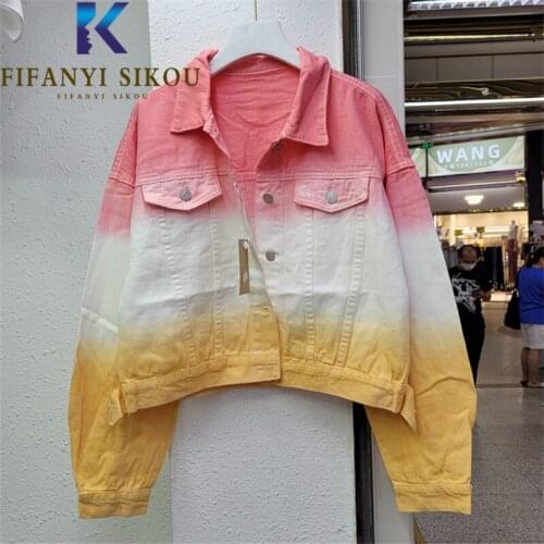 Jeans Jacket Women Streetwear Fashion Gradient Color Short Denim Jackets Pocket Lapel Loose Jeans Coat Female 2021 Autumn New