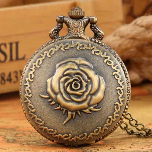 Brass Rose Pattern Pocket Watch Antique Women Flip Cover White Quartz Dial Slim Chain Pendant Portable Gift Collection For Mum