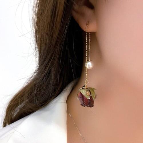 Cute Sweet Red Pressed Flower Long Drop Earrings Women Natural Rose Flower Wire Chain Dangle Earrings Fashion Jewelry T84A