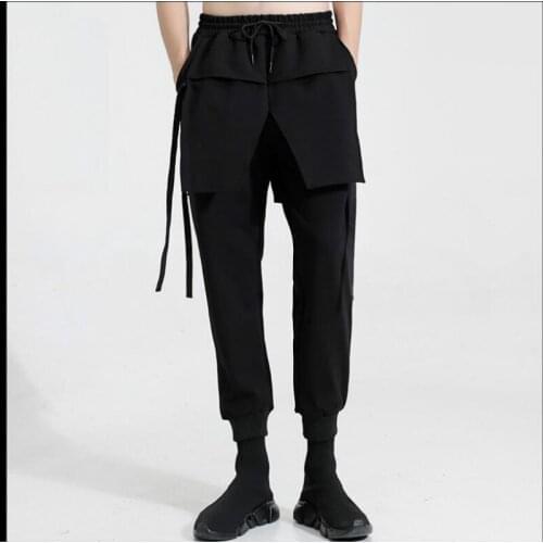 2020 Mens Clothing Nine Pants Stereo Cut Stitching Fake Two-piece Slim Feet Male Singer Pants Skirts 27-44 Original Personality
