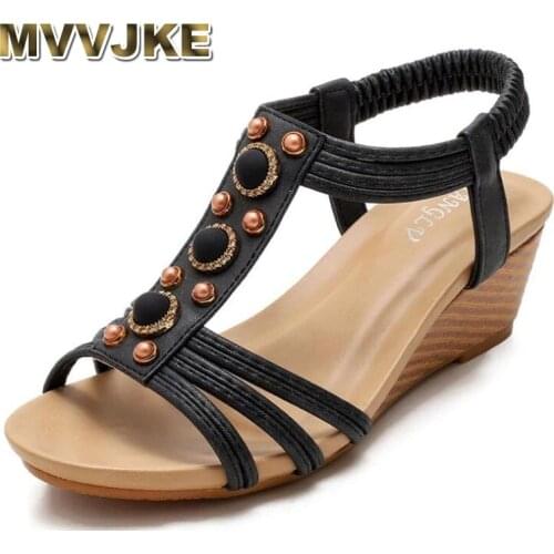 MVVJKE Summer Lady Roman Shoes Large Size Women Sandals Wedge Fashion Rhinestones Sandles Party Gladiator Elegant Female Sandali