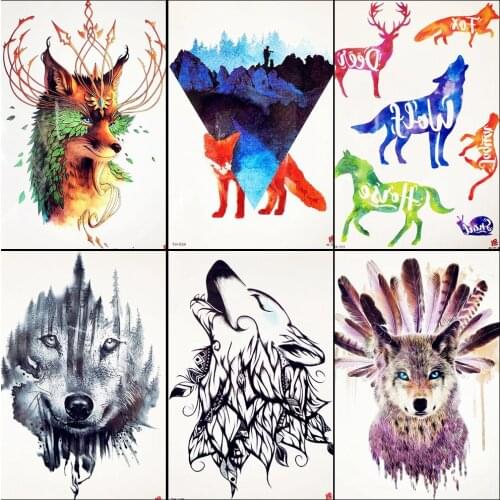 New Water Transfer Fake Wolf Tattoo Women Henna Waterproof Temporary Tattoo sticker Beast 21x15CM Men Flash Tatoo Tribal Indian