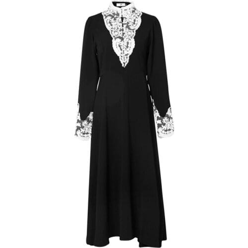 PERHAPS U Women Black Maxi Dress Stand Collar Lace Long Sleeve Empire Vintage Dress Pocket D2202
