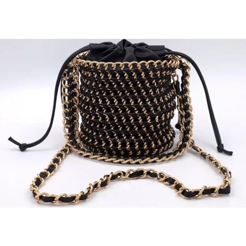 Chain Woven Bucket Faux Leather One-Shoulder Crossbody Dinner Handbag String Clear Solid Color Luxury Women Bags Designer