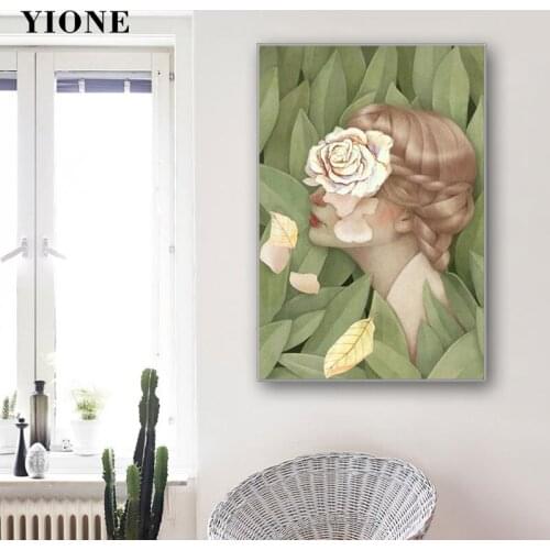 Green Leaves with Flower Girl Canvas Art Poster Nordic Plants Figure Nude Painting for Bedroom Living Wall Picture Prints Decor