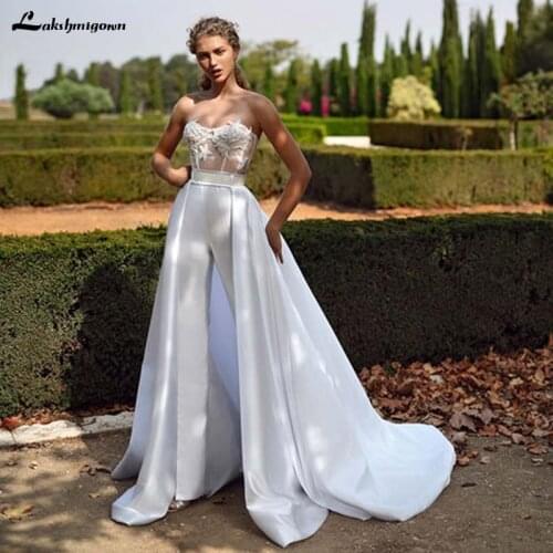 Stunning Wedding Dresses With Detachable Skirts White Strapless Jumpsuits Bridal Gowns A Line Ladies Wedding Dress