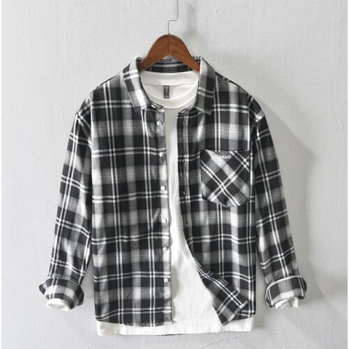 D225 Autumn Men Plaid Shirts Casual Gentlemen Artsy Minimalist Color Contrast Long Sleeve Fashion Comfortable Pocket Lapel Tops