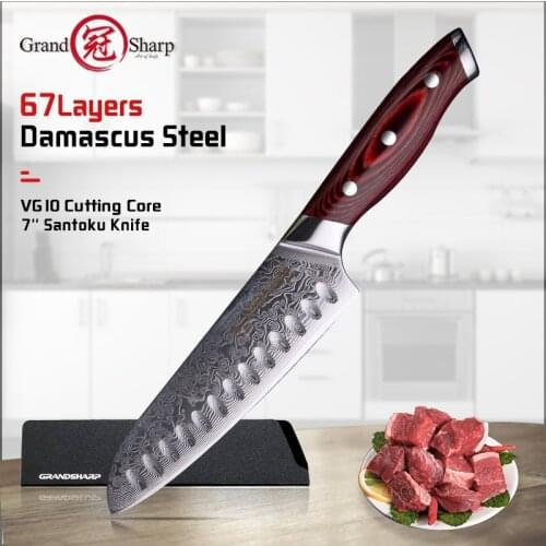 Grandsharp 7 Inch Santoku Knife Damascus Steel 67 Layers VG10 Japanese Stainless Steel Kitchen Chef Knives Pakka Wood Handle