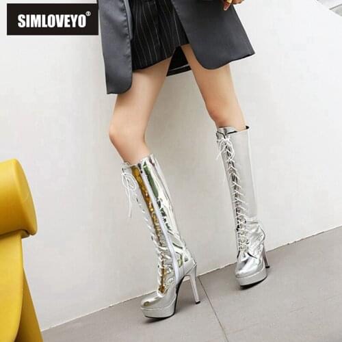 SIMLOVEYO Autumn winter Snakeskin Over-the-Knee boots Round toe Stiletto Thin heel Zip Lace up Big size Sliver Zebra B2051 34-48
