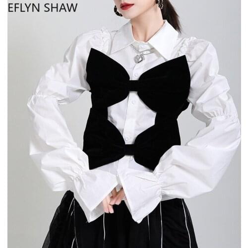 Fashion Shirt for Women 2021 New High Street Fall Bowtie Patchwork Blouse Chic Contrast Color White Shirt Puff Sleeve Tops