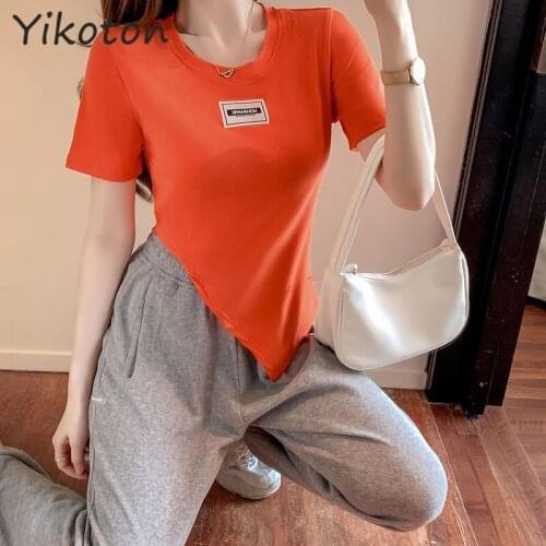 Womens Clothing 2021 Summer New Cotton Short-Sleeve Casual O-neck Solid Basic T Shirt Sexy Female Clothing Fashion Ladies Blue