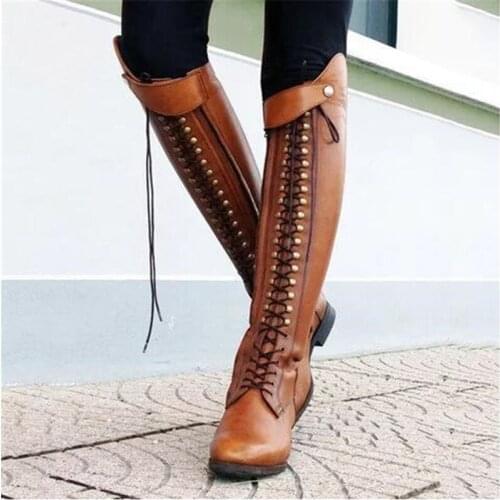 Fashion Shoes Woman Plus Size Boots Women Riding Equestrian Pointed Toe Square Heel Winter PU Chaussures Femme Lace-Up Round Toe