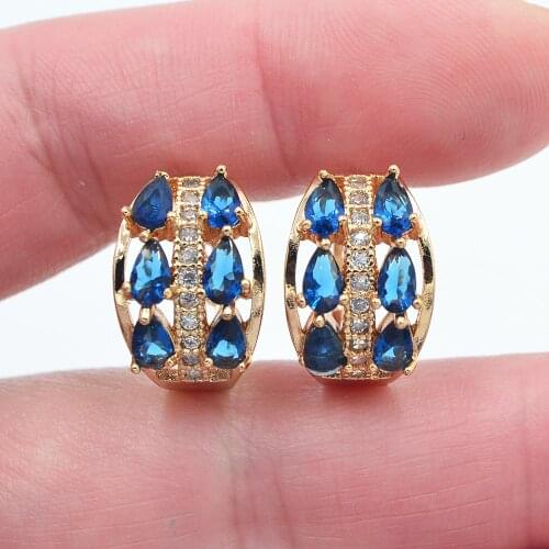 Gold Color Women Luxury Blue Teardrop Cubic Zirconia CZ Huggie Hoop Earrings Jewelry