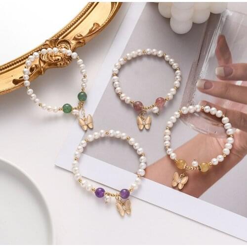 New Korean style butterfly pendant friendship bracelet freshwater pearl natural stone beaded jewelry ladies bracelet for women