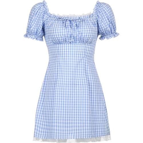 Summer Elegant Blue Plaid Dress Women Cotton Cute Lace Trim Aesthetic Y2k Harajuku Kawaii Dresses Korean Fashion Clothing