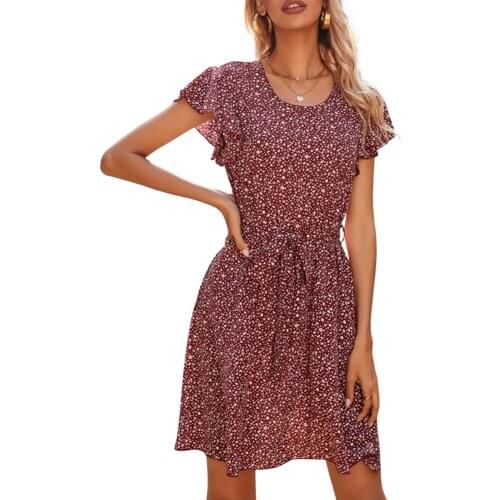 Summer Women Boho Casual Dress Elegant Floral Printed Pattern Vestidos Round Collar Short Sleeve Pleated 2021 Lace Up Dress