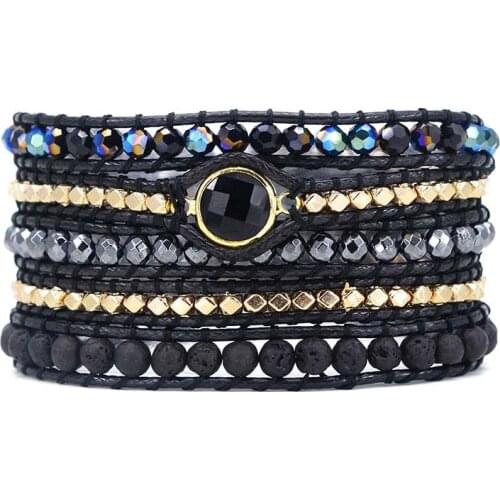 Men and Women Vegan Bohemian Black Mix Natural Stone Beadwork 5 Wraps Bracelet Jewellery