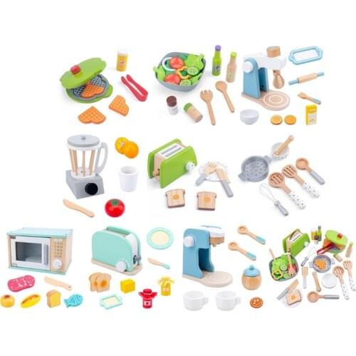 Wooden Kitchen Toy Microwave/Toaster/Mixer/Coffee Maker/Juicer Kitchen Play Set Interactive Early Learning Toy - Fun and Colorfu