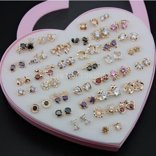 Hot Sale 36 pairs/lot Girl Womens Charming Rose Gold Earrings Mixed Colors Shiny Zircon Stud Earrings Gift ME175