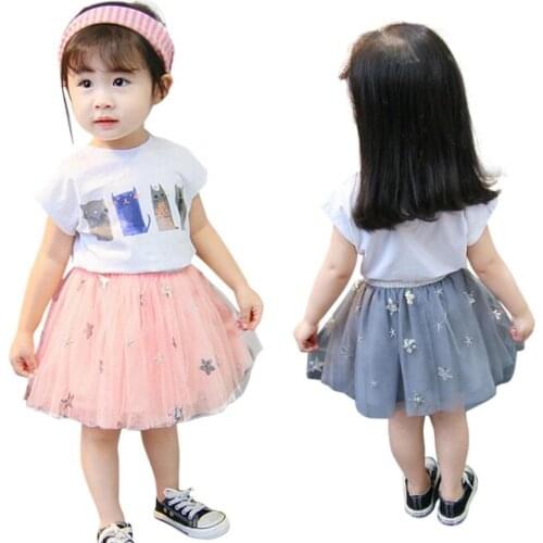 2pcs Outfits Tops+Skirt Kids Clothes Summer Toddler Girls Clothes Suit T-shirt Skirt Princess Tutu Dress Half-length Skirt Child