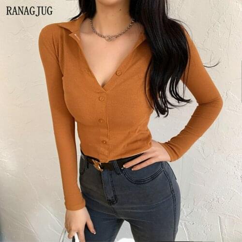 Sexy Black Crop Top Women 2021 Autumn New Korean Style POLO Neck Button Up Corset Bottomed Long Sleeve Short Tees Ladies Blouses