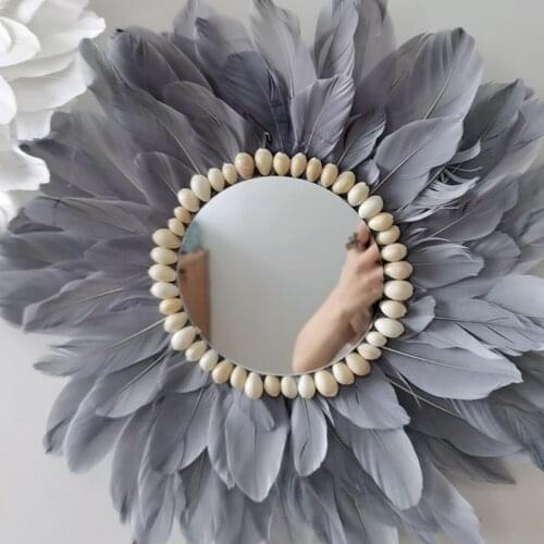 Handmade Macrame Feather Glass Wall Mirror Hanging Dressing Makeup Mirrors Decor 2XPE