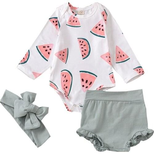 Baby Girls Rompers Girls Watermelon Print Long-Sleeve Playsuit Shorts Headband For 0-2Y Birthday Infant Girls Kids Outfits 3PCs