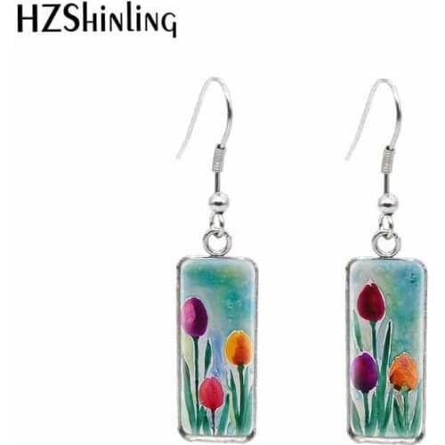 Tulips flower Paintings Rectangular Hook Earrings Glass Cabochon Dangle Drop Stainless Steel Ear Jewelry