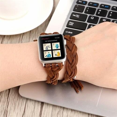 Hand-made Woven Leather Strap for Apple Watch Band Series SE/6/5/4/3/2 Double-loop Fashion Bracelet for iWatch 44/40mm 42/38mm