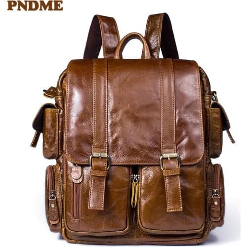 Fashion retro genuine leather men women multifunctional backpack casual outdoor travel real cowhide multi-pocket laptop bagpack