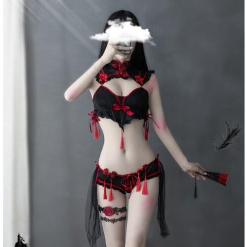 Sexy Cosplay Costumes Dress for Women Little Devil Bra Set Cheongsams Erotic Lingerie Temptation Chiffon Shawl Passion Suit