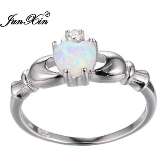Silver Color Rings for Women Wedding Sweet Heart Rainbow Fire Opal High Quality Engagement Ring Size 7/8/9 RS0120